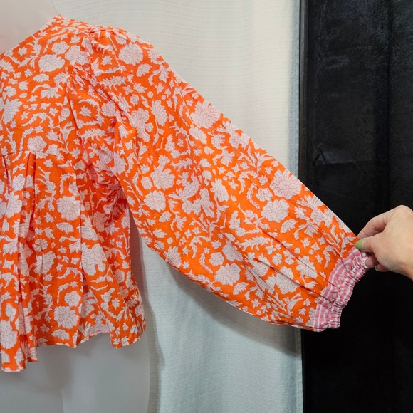 Orange Floral Puff Sleeve Peasant Blouse Women's small babydoll Festival whimsi - Picture 2 of 10